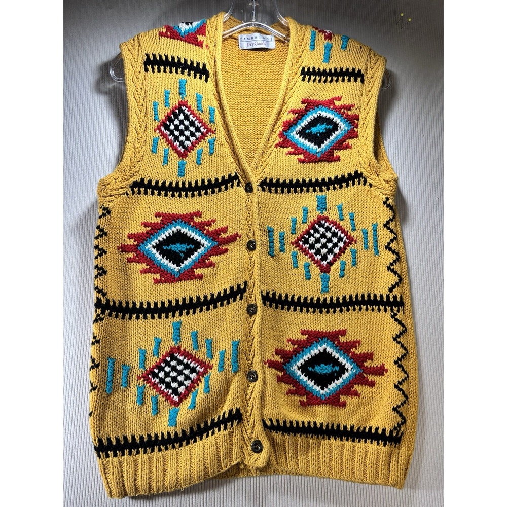 Vtg. Cambridge Dry Goods Southwestern Sweater Vest Aztec Yellow Knit Sz 10 Boho